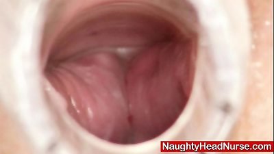 Petruse older labia speculum wide open and getting off