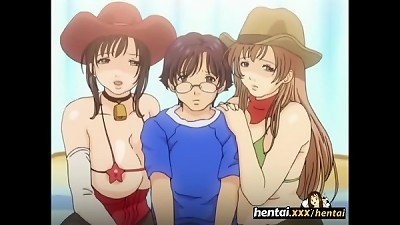 nerd gets prick between busty honies fun bags - Boobalicious - Hentai.xxx