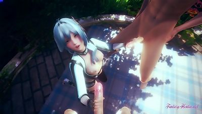 Genshin influence anime porn - Eula in a three-way blowjob with jizm in her tits and facehole - anime porn anime game hentai