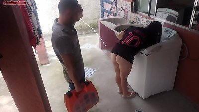 Housewife pays technician with her booty while husband is away