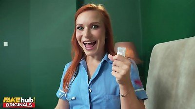 FAKEhub - hot red-haired nurse with perfect little pinkish hairless vulva has to collect a cum sample