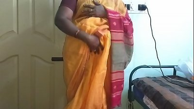 desi  indian super-naughty tamil telugu kannada malayalam hindi hotwife wifey vanitha wearing orange colour saree  showing big mounds and shaven poon press rigid jugs press nipple massaging fuckbox getting off