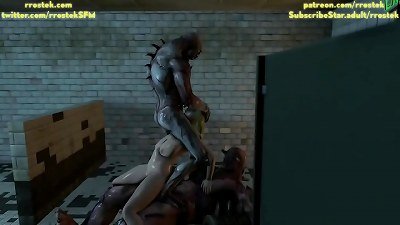 Sophitia from Soul Calibur boinked rigid by two monsters 3d cartoon