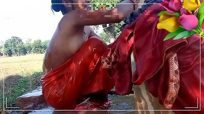 Rati bhabhi was taking tub outside, husband's manhood stood up and he went home and penetrated Rati bhabhi