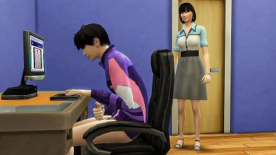 japanese mommy catches her stepson jerking in front of the computer whatching pornography videos and then helps him have hookup with her for the first time - asian mom