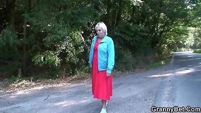 old blond hitchhiker doggy-fucked outside